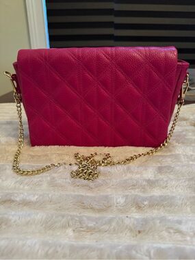Anna Paola Genuine Italian Leather Quilted Crossbody Bag Pink Gold Chain